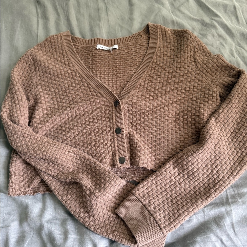 Liz Claiborne Textured Brown Cropped Cardigan